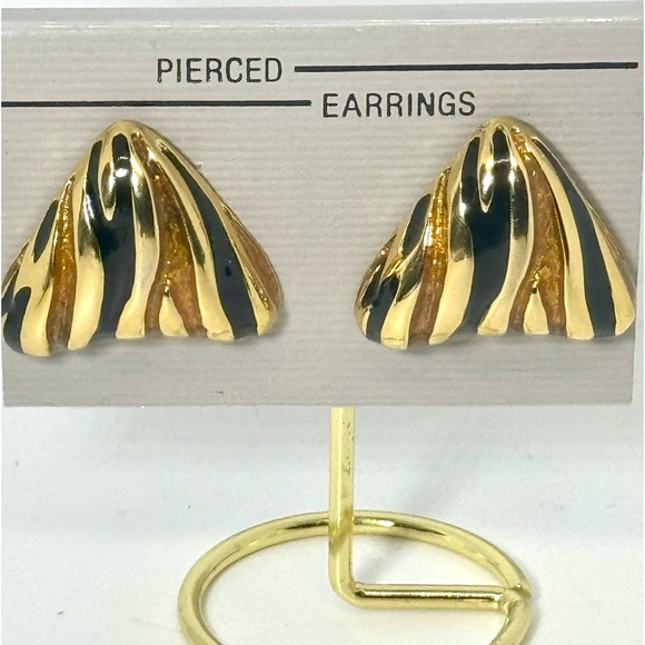 Vintage Gold & Black Abstract Enamel Triangle Earrings - Picture 8 of 9